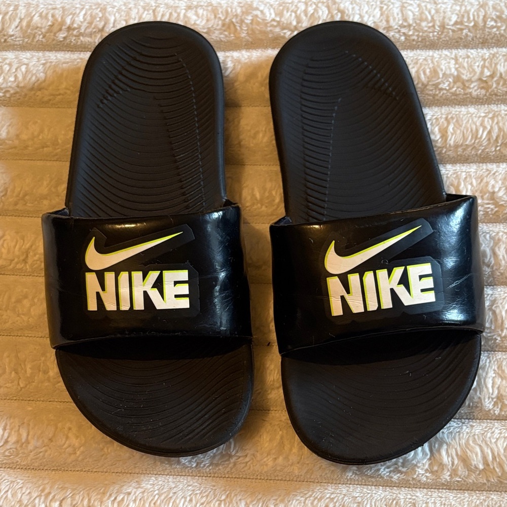 Nike Black Slides with Neon Yellow Logo